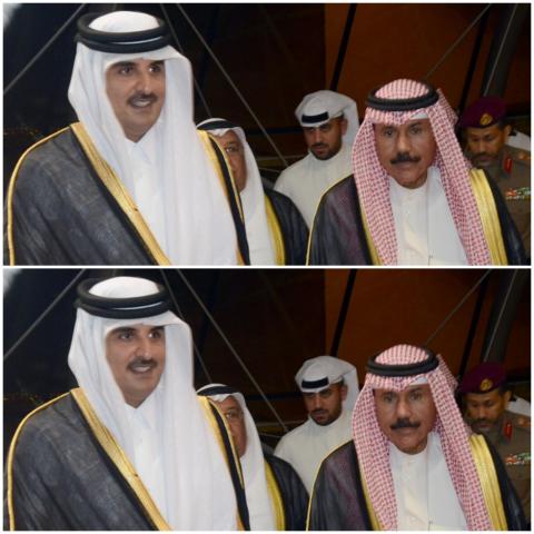 لقاء سابق بين أمير الكويت الشيخ نواف الصباح (يمين) وأمير قطر الشيخ تميم بن حمد آل ثاني (الجزيرة)