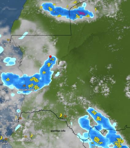 خارطة انتشار السحب الماطرة المتوقعة فجر الاثنين، الإشارة عند مدينة أكجوجت   