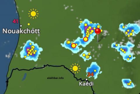 خارطة انتشار السحب الماطرة عند الساعة 16:32، الإشارة عند مدينة مكطع الحجار 
