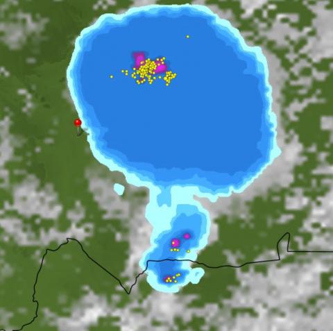 خارطة انتشار السحب الماطرة عند الساعة 09:55، الإشارة عند مدينة كيفة